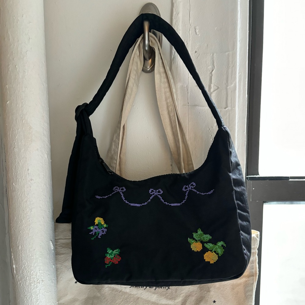 EUC Baggu Mini Nylon Shoulder Bag- Black Cross-stitch